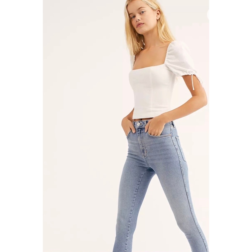 Free People Women Skinny Jeans 25 Blue Raw Hem High Rise Stretch Y2K Indie Denim